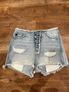 Kancan High-Rise Light Blue Distressed Denim Shorts